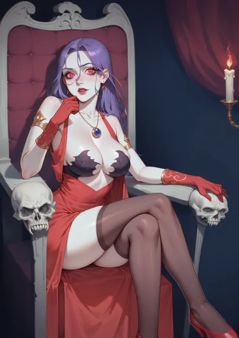 there is a woman sitting in a chair with a red dress, castlevania witch, shalltear from overlord, scary queen of death, succubus in tight short dress, a beautiful sorceress, commission for high res, portrait of a sorceress, evil sorceress, some red and pur...