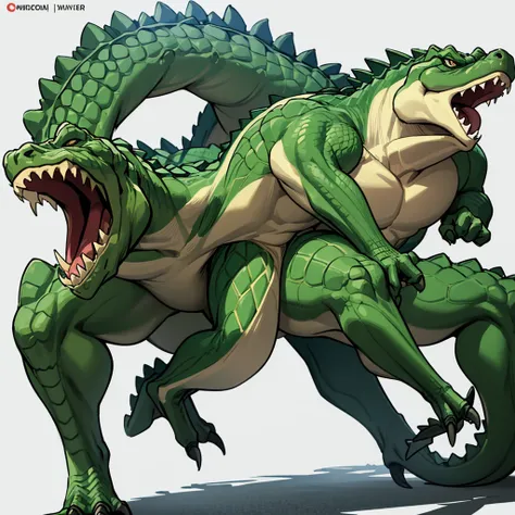 (full body character concept)、8k、best illustrations、best quality((((no humans)))), reptiles,, green body, crocodile human, muscu...