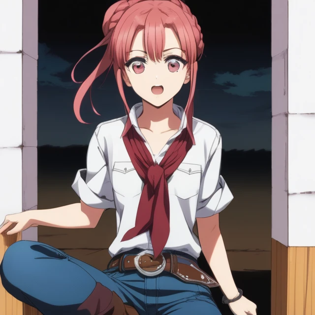 score_9, score_8_up, score_7_up, score_6_up, score_5_up, score_4_up, cowboy shot, source_anime, 1girl, multicolored hair, hair bun, heterochromia, w-w-chain, spread legs, spread arms, messy hair, white shirt, jeans pants, dungeon, best quality, best res, 4...