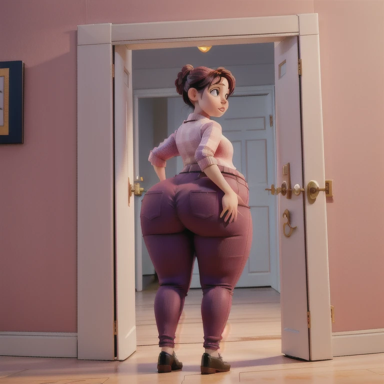 masterpiece, 1girl behind a doorway, from behind, (doorstuck, stuckbehind:1.3), huge hips, round belly, thick thighs, giant butt...