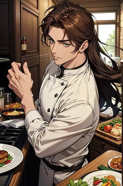 a handsome man, long brown hair, greeneyes, foxy eyes, strong bodie, strong physique, calm countenance, chef clothes