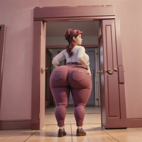 masterpiece, 1girl behind a doorway, from behind, (doorstuck, stuckbehind:1.3), huge hips, round belly, thick thighs, giant butt...