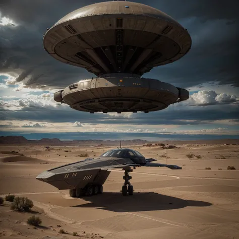 Create a photorealistic cinematographic image of a futuristic big aircraft landing in a desert planet with cloudy and dark sky. Color grade, cinematic shot, cinematography, only spaceship and desert scenario. No car. 