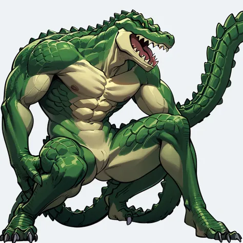 (((Solo)))、(Full body character concept)、8k、Best illustrations、Best Quality((((No humans)))), reptiles,, green body, Crocodile human, Muscular,、Combat Stance、(Crocodile scaleovement angle、(White background)