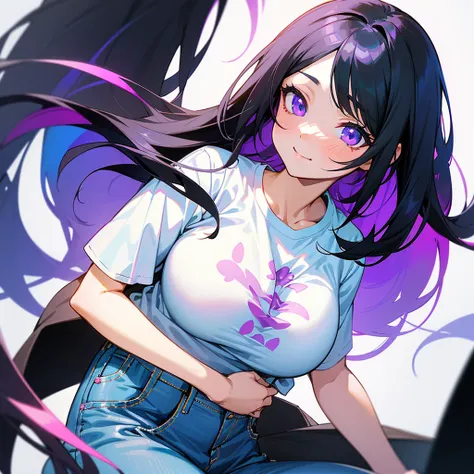 a woman with long black hair wearing a white shirt, violet coloured t-shirt, cute anime girl portrait, cute anime girl, kawaii shirt and jeans, anime visual of a cute girl, (anime girl), cute anime girl portraits, beautiful anime girl, portrait anime girl,...