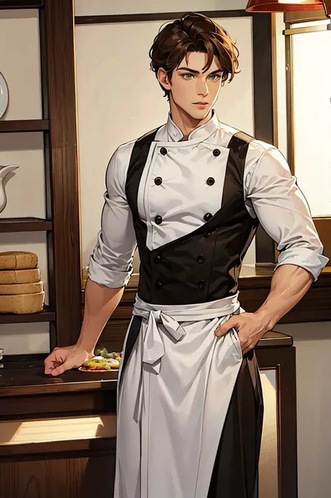 a handsome man, long brown hair, greeneyes, foxy eyes, strong bodie, strong physique, calm countenance, chef clothes