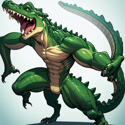 (((Solo)))、(Full body character concept)、8k、Best illustrations、Best Quality((((No humans)))), reptiles,, green body, Crocodile human, Muscular,、Combat Stance、(Crocodile scales)、From above at an angle、Movement angle、(White background)