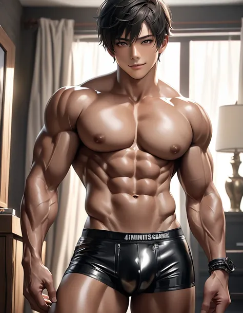 high quality, detailed, (22 years old tanned japanese idol boy), (detailed black eyes), (black short hair), (muscle:1.5), (dark brown shiny skin), black tiny thong, bulge,detailed areola, bedroom,looking at viewer,smirk,(best quality,4k,8k,highres,masterpi...