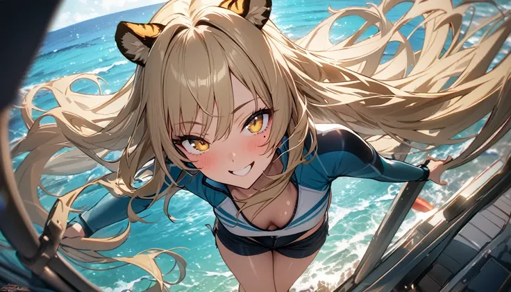 1girl、(((best quality)), ((masterpiece)), (details), masterpiece, best quality, high quality, ulutra detailed, perfect face, ((1girl, blond eyes, tiger ears: 1.3 blond long hair: 2.5,Mole under left eye：2.0))、Shiny Hair、Glowing Skin、Lustful look、ride a wat...