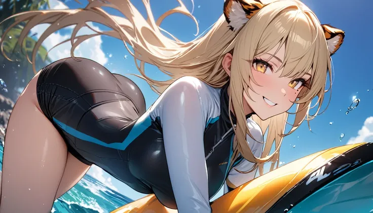 1girl、(((best quality)), ((masterpiece)), (details), masterpiece, best quality, high quality, ulutra detailed, perfect face, ((1girl, blond eyes, tiger ears: 1.3 blond long hair: 2.5,Mole under left eye：2.0))、Shiny Hair、Glowing Skin、Lustful look、ride a wat...