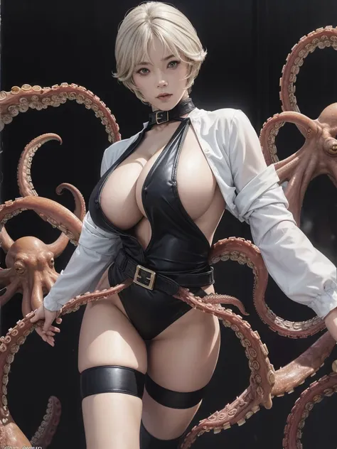 Very short hair, (masterpiece、Highest quality、Official Art), (((Lots of octopus)))((Octopus tentacles wrap around its body)), Neck up, View from the front, Looking at the audience:1.5, topless, Underless, White jacket:1.2, Black long boots, Black garter be...