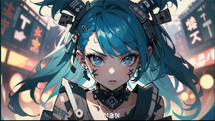 ((((dramatic))), (((gritty))), (((intense))) film poster featuring a young blue hair woman as the central character. She stands confidently in the center of the poster, wearing a stylish and edgy Harajuku-inspired hip hop outfit, with a determined expressi...