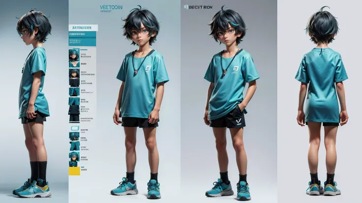 cute face boy, cute face, short height boy, wearing casual futuristic Turquoise color pent, Turquoise dress, full standing pose, Shaggy Hair hairs, Shaggy Hair hair style, sports shoes, Character Sheet, 12 yo student, Full body, Simple white background, fr...