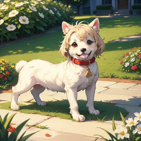 Masterpiece, best quality, high quality, Maltese puppie, cute, outlines, Green eyes, Brown, in the park, flowers on the ground, walking, sunny day, clouds on the sky 