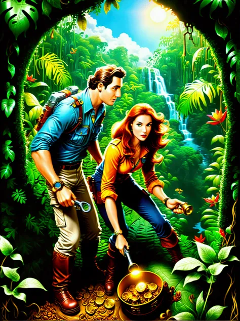 Imagine a colorful jungle adventure scene。(A man and a woman:1.9)，(Both are explorers.，Searching for treasure in the jungle:1.9)，They are surrounded by lush green foliage and colorful exotic flowers.。A brightly colored parrot perched nearby，Bright blue sky...