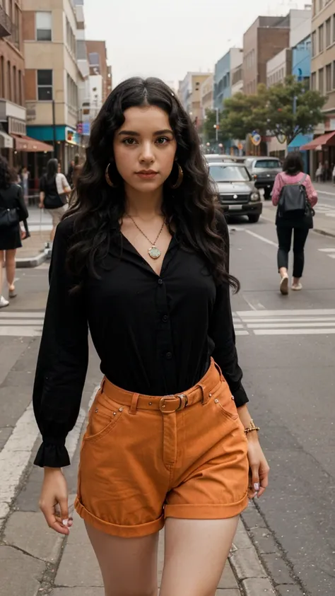 Girl standing, full black curly hair, wearing 1970s outfit, center of street, colorful, accessories, 