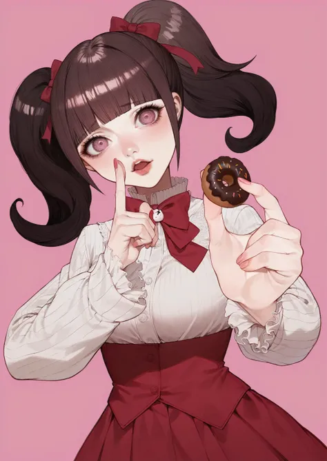 anime girl with a red bow tie holding a chocolate donut, akane owari danganronpa, chiaki nanami from danganronpa, , marin kitagawa fanart, kawaii realistic portrait, digital art from danganronpa, junko enoshima from danganronpa, juri misaki, cute anime gir...