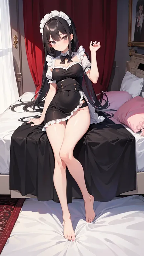 A sexy maid secretary，miniskirt，In the bedroom，shy blushing，Moe，Perfect body proportions（Full body picture）Stand sideways，Bare feet and legs，Exquisite clothing patterns，Pull off the hem