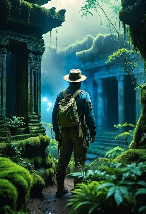 
                      Close-up of a man in the foreground(Half-length back view close-up) Back view of explorer wearing khaki adventure suit and hat (sideways dynamics) Standing in the mossy forest dark blue light very dense very dense bushes in the bushe...