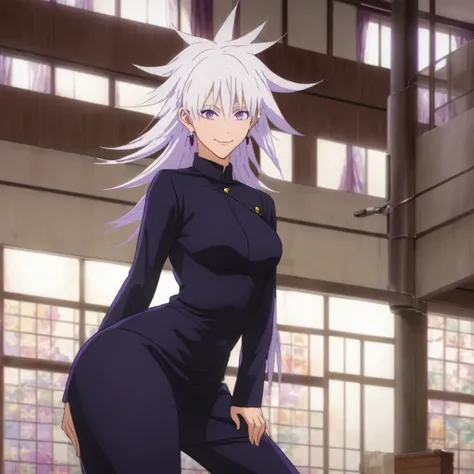 1girl, female gojo satoru, anime screencap from jujutsu kaisen, gojo satoru female version, solo, long_hair, ((purple eyes)) ((White_hair, hair over ear from one side))((slicked hair)) , night view, (hanging breasts) upper_body, smile, indoors, book, lips,...