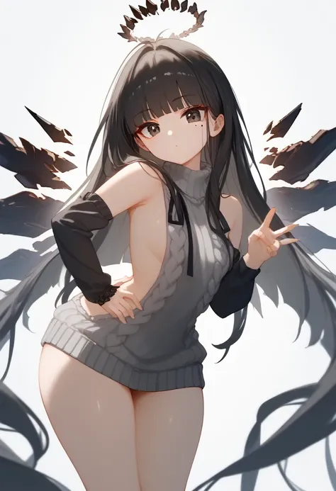 (score_9, score_8_up, score_7_up), 1girl, virtuosabase, cute, (chibi:0.7), black hair, blunt bangs, long hair, broken halo, ener...