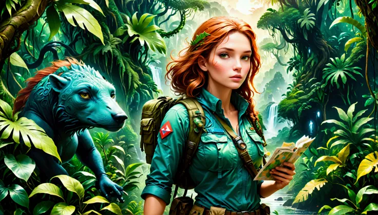 Bold, Female explorer in expedition gear, Holding a map, looking for unknown civilization in the dense forest, A tropical island with lush forests and unknown dangers as the background, On the right side of the picture is a huge jungle creature hidden in t...