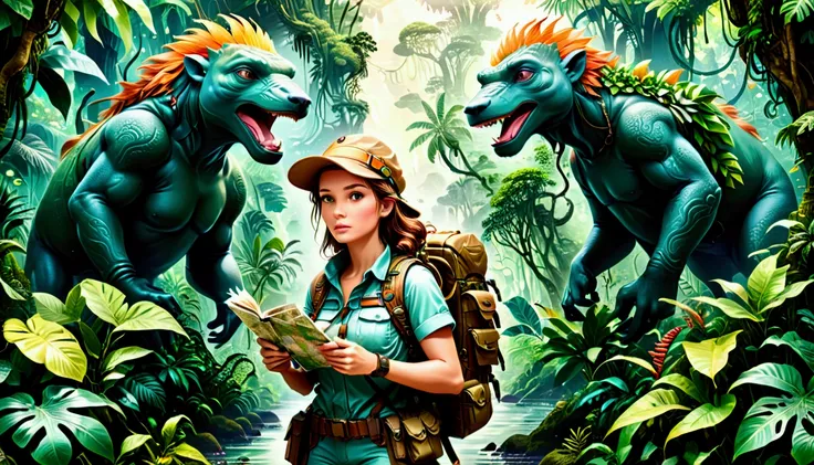 Bold, Female explorer in expedition gear, Holding a map, looking for unknown civilization in the dense forest, A tropical island with lush forests and unknown dangers as the background, On the right side of the picture is a huge jungle creature hidden in t...