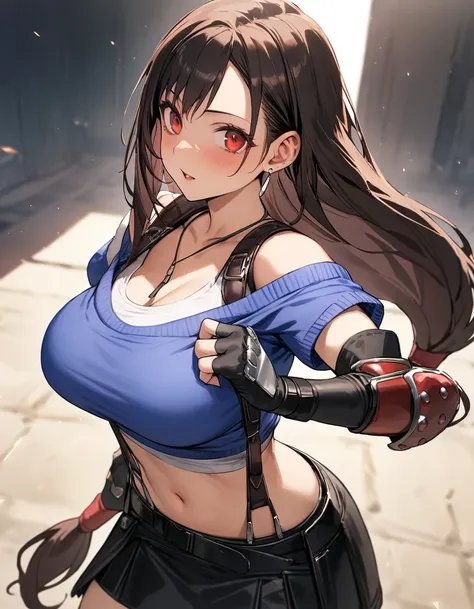 metTifa, red eyes, low-tied long hair, earrings, cropped sweater, blue sweater, off-shoulder, midriff, short sleeves, suspender skirt, elbow gloves, fingerless gloves, armored legwear,  masterpiece, best quality, ultra high resolution
