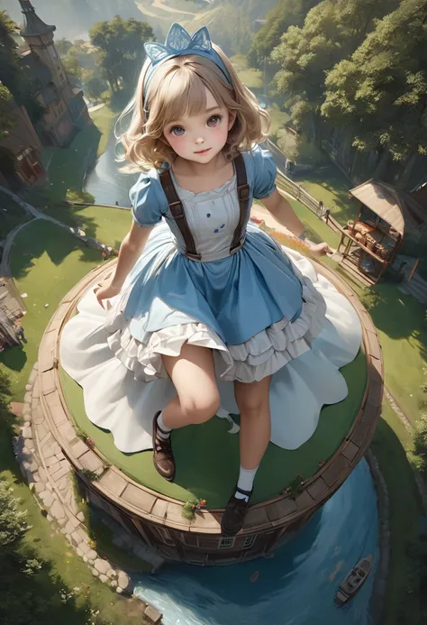 ,View from the air,Aerial photos,Full body image,The whole body is projected,Realistic, (masterpiece,Highest quality:1.4),(8k,RAW Photos,Realistic:1.2),Not safe at work, Detailed skin,Detailed face,One Girl,Princess,Alice in Wonderland,Cute Face, Super Res...