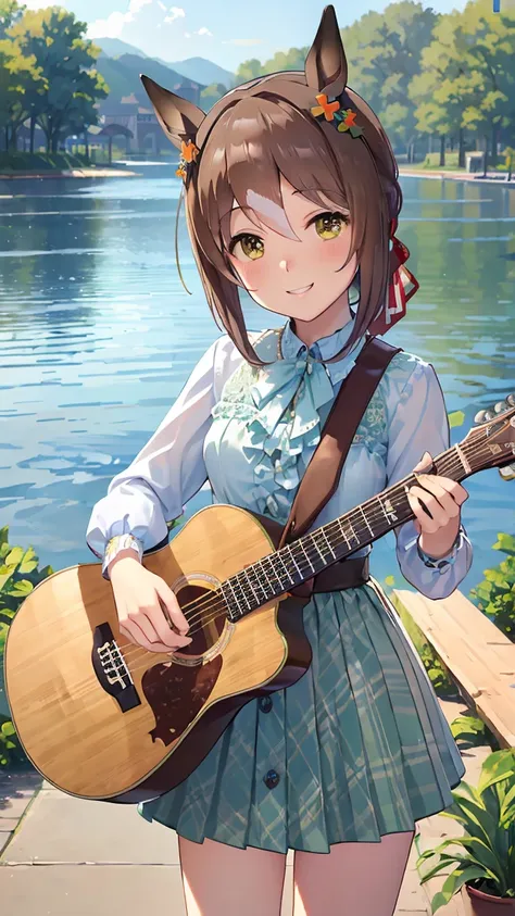 masterpiece, Highest quality, High resolution, Very detailed,(((Fine Motion))), (((I have a guitar。)))、(((Waterfront)))、(((smile)))、(((Plants)))、sunny, Horse ears