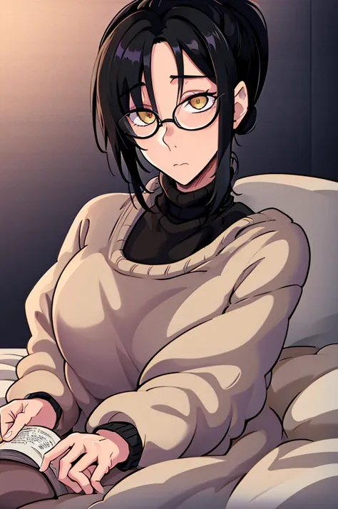 mature woman, hair over one eye, golden eyes, tomboy, sitting on the ground, black turtleneck sweater, looking at viewer, bed, b...