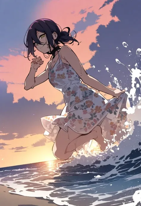 1girl, reze (chainsaw man), chainsaw man, warm colors, sunset beach, summer dress, flower pattern dress, wet dress,smile, masterpiece, best quality, absurdres, splashing water, kicking waves, water droplets on dress, playful pose, ocean foam, golden hour l...