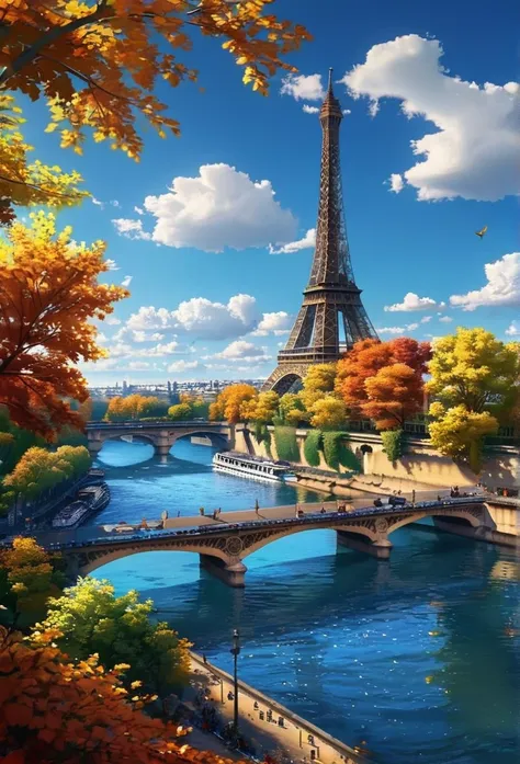 gangfeng,eiffel tower,paris,sunny day,clouds,trees,seine river,bridge,autumn leaves,vibrant,clear weather,bright,scenic,nature,c...