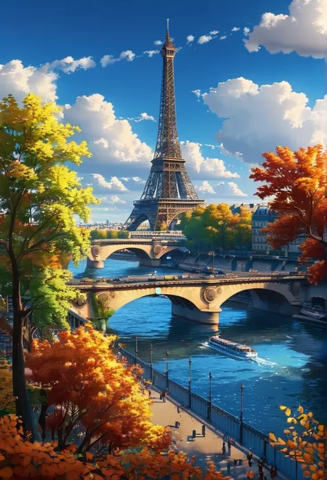 gangfeng,eiffel tower,paris,sunny day,clouds,trees,seine river,bridge,autumn leaves,vibrant,clear weather,bright,scenic,nature,c...