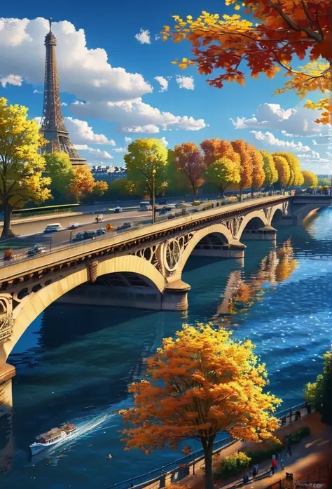 gangfeng,eiffel tower,paris,sunny day,clouds,trees,seine river,bridge,autumn leaves,vibrant,clear weather,bright,scenic,nature,c...