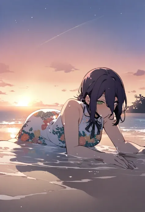 1girl, reze (chainsaw man), chainsaw man, warm colors, sunset beach, summer dress, flower pattern dress, sheer dress, masterpiece, best quality, absurdres, lying in the water,put hands on the ground,soaked full body, water droplets on dress, playful pose, ...