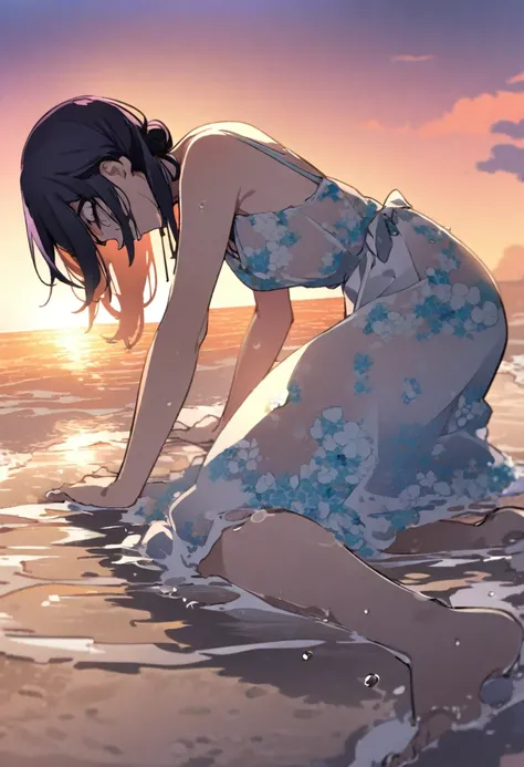 1girl, reze (chainsaw man), chainsaw man, warm colors, sunset beach, summer dress, flower pattern dress, sheer dress, masterpiece, best quality, absurdres, lying in the water,put hands on the water,soaked full body, water droplets on dress, playful pose, o...