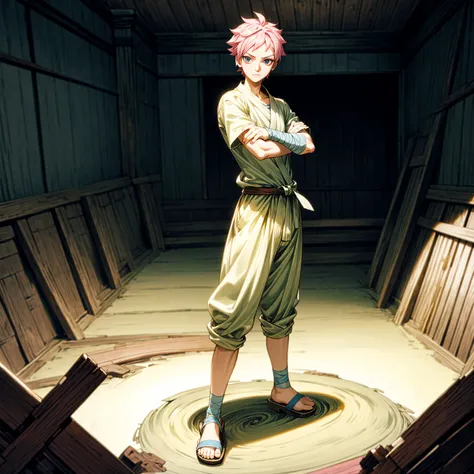 1boy, Full body version, 1character, blue eyes, short haircut, pink color hair, bandage on head, casual style outfit, sandals, Grassroots, full background indoor building, motion blur, (one piece style art), standing gesture 