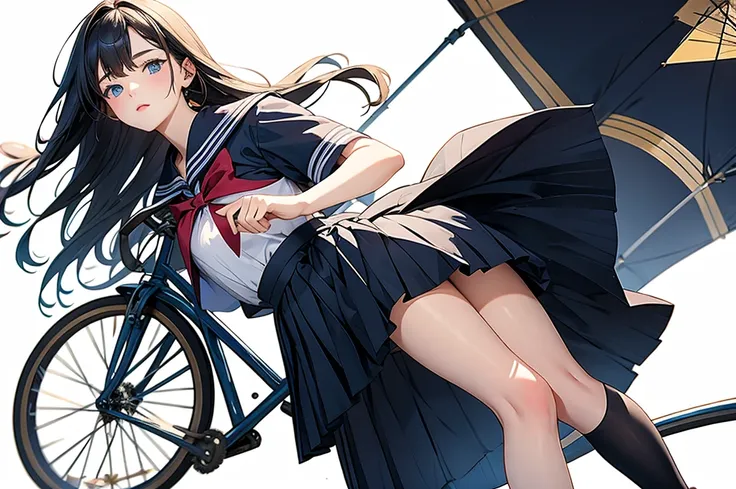 (masterpiece, highest quality:1.2), one girl, biking,  foot piercing, alone, whole body, semi-long hair, sailor suit, (long plea...