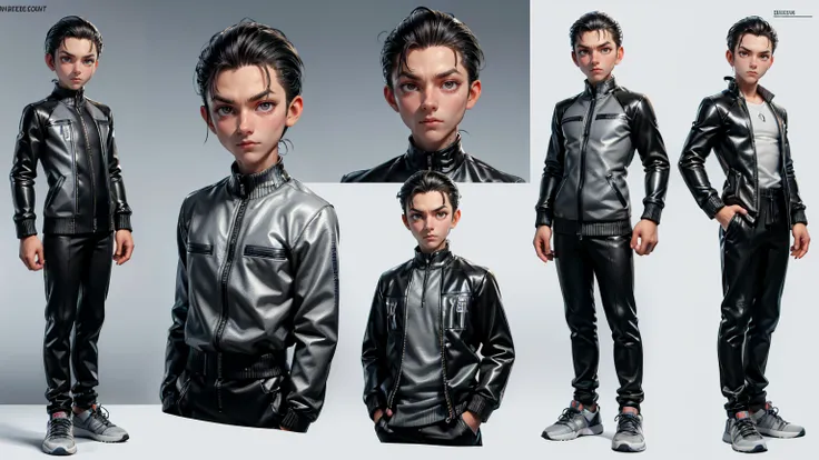 cute face boy, cute face, short height boy, wearing casual futuristic grey  pent, grey  dress, full standing pose, Slicked Back hairs, Slicked Back hair style, sports shoes, Character Sheet, 12 yo student, Full body, Simple white background, front straight...