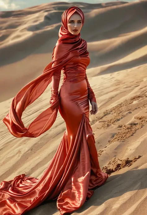 a woman covered in red satin cloth, mummified in satin, tied tight in satin, shape like mermaid gown, tight in leg, wearing a satin hijab, the satin is very long, forming the curve of the body,dramatic flowy satin,strugle to move,full body, wear high heel,...