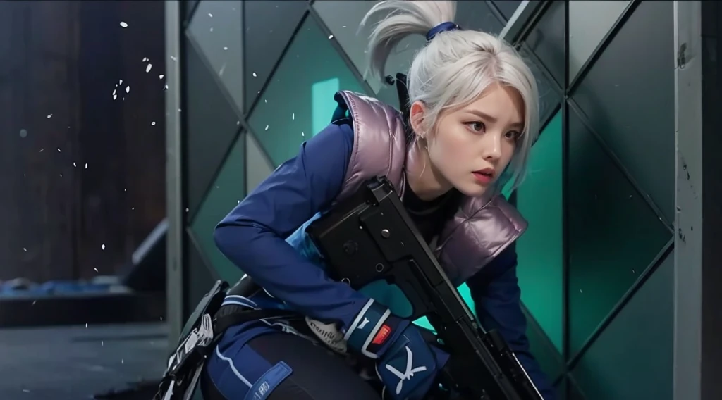 a girl with white hair, blue jacket, hold a gun