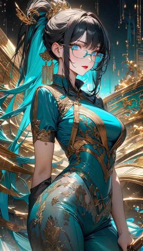 Adult woman, long black hair with turquoise parts, high ponytail, blue eyes, turquoise eyeshadow, red lipstick, glasses, turquoise tight Chinese shirt, turquoise tight Chinese pants, transbarent nylon elements, golden elements, white elements, Goddess, Mas...