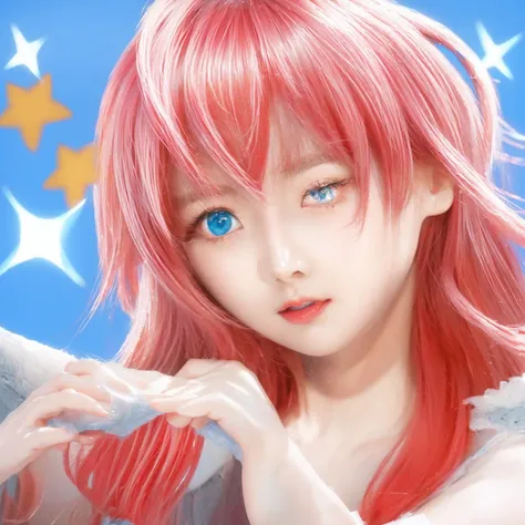 ((Masterpiece)), (best quality), (very detailed), ((very detailed)), 4k, (8k), girl with pink hair and blue eyes making a heart with her hands, a digital painting inspired by Puru, pixiv contest winner, digital art, made with anime painter studio, painted ...