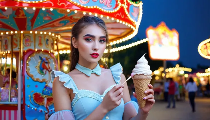 Very beautiful girl, complete make up, hang an ice cream, merry go round dramatic background, 4k, full light city