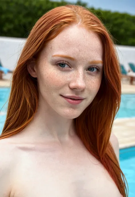 Pretty redhead naked at the pool 