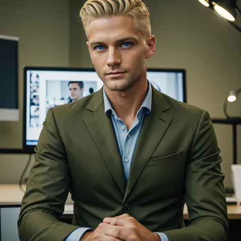 Shaved blonde man with blue eyes doing video conference in olive green suit 