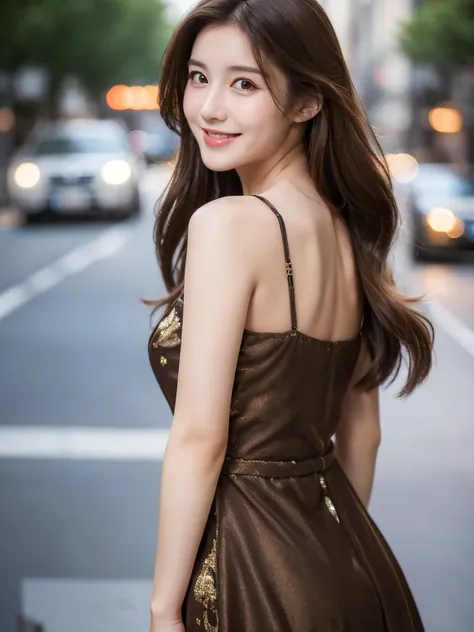 ((best quality, 8k, masterpiece :1.3)), 1 girl, smiling, whole body, face slimming, pretty Woman, (Long dark brown hair), Normal chest, full length dress :1.1, Super detailed faces, delicate eyes, double eyelids, blurred background, face slimming, City, ex...