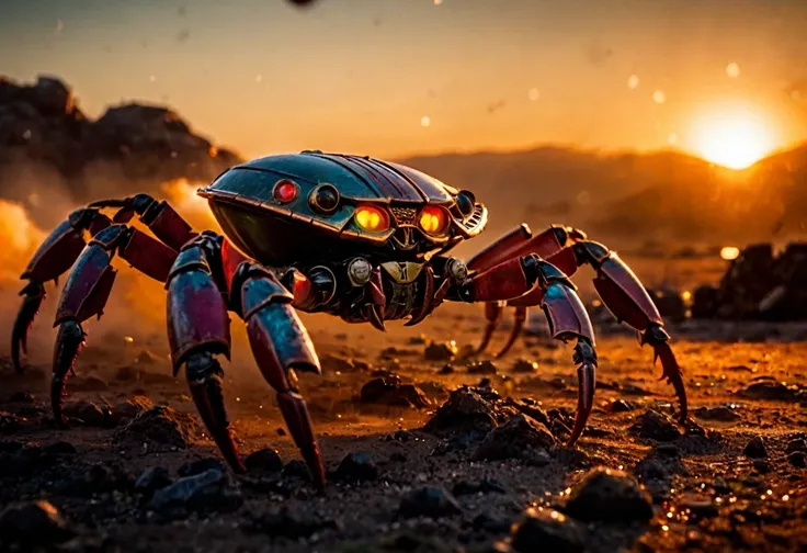 cinematic photo breathtaking ,((best best quality)), ((masterpiece)), ((realistic)), (detailed), cinematic film still, establishing shot, Warhammer 40.000 movie, action sequence crab aliens in motion, vibrant colors, sunset, directed by zack snyder,  (mast...