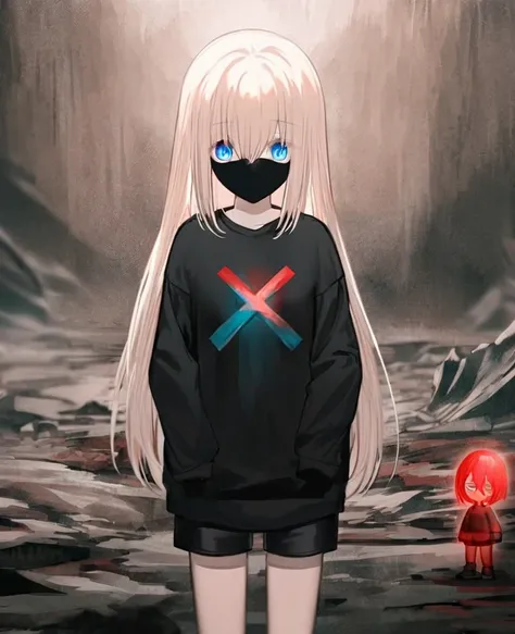 Albino hair anime girl with short shoulder length hair., His eyes are bright red. female figure, He is wearing a black sweatshirt with an X in the center.He has a mask that covers his entire face..., black jean shorts and black sneakers. In a desolate wast...